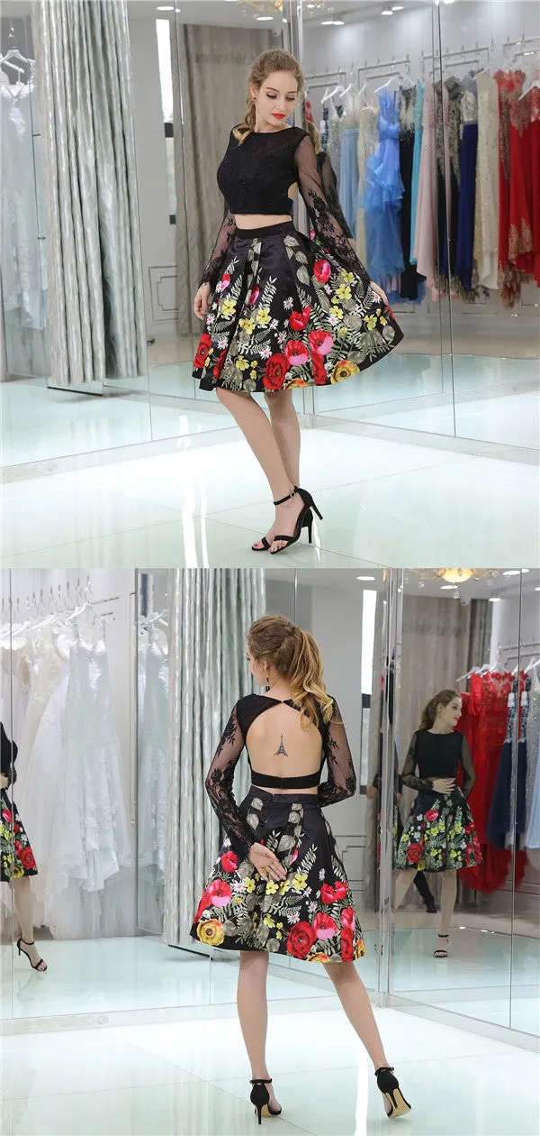 Two-pieces Long Lace Sleeves Embroidery Backless Homecoming Dresses, HD0501
