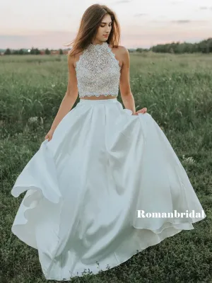 Two-pieces Sleeveless Lace Top Backless Long Prom Dresses, PD0814