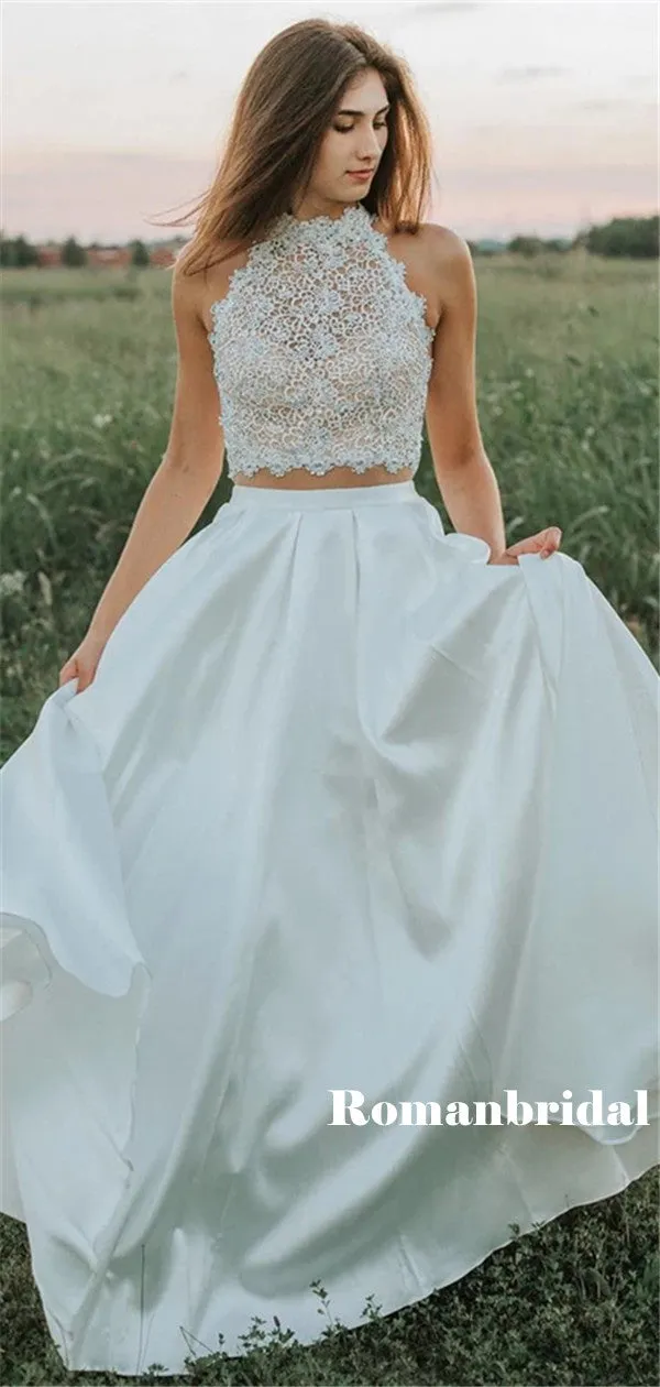 Two-pieces Sleeveless Lace Top Backless Long Prom Dresses, PD0814