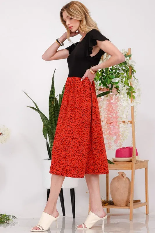 Two Tone Animal Print Flutter Sleeve Midi Dress Plus Size