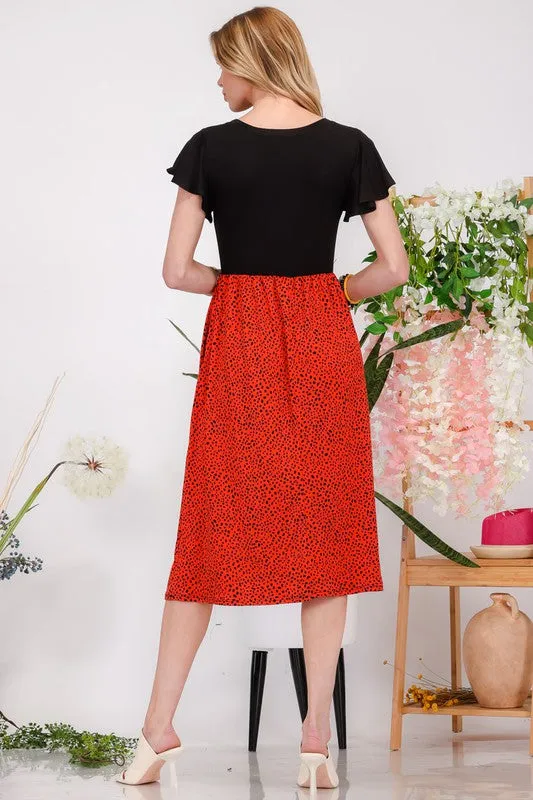 Two Tone Animal Print Flutter Sleeve Midi Dress Plus Size