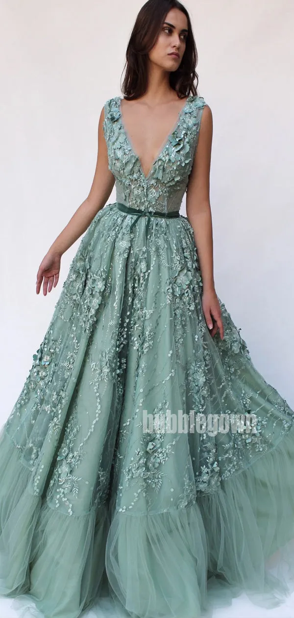 V-neck Applique Unique Tulle Long Prom Dresses FP1138