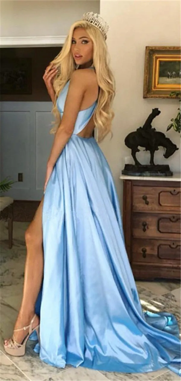 V-neck Long Blue Backless Prom Dresses With Split, PD0743