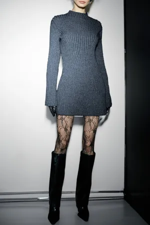 Versatile Knit Crew Neck Cuff Slit Rib Long Sleeve Slim Sweater Dress