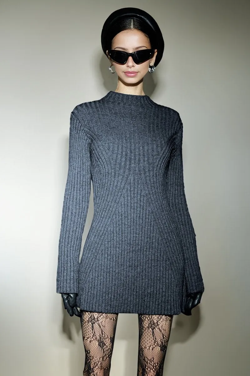 Versatile Knit Crew Neck Cuff Slit Rib Long Sleeve Slim Sweater Dress