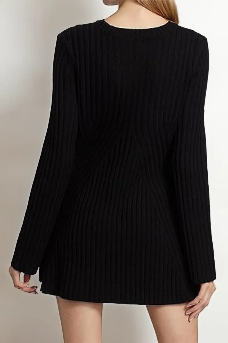 Versatile Knit Crew Neck Cuff Slit Rib Long Sleeve Slim Sweater Dress