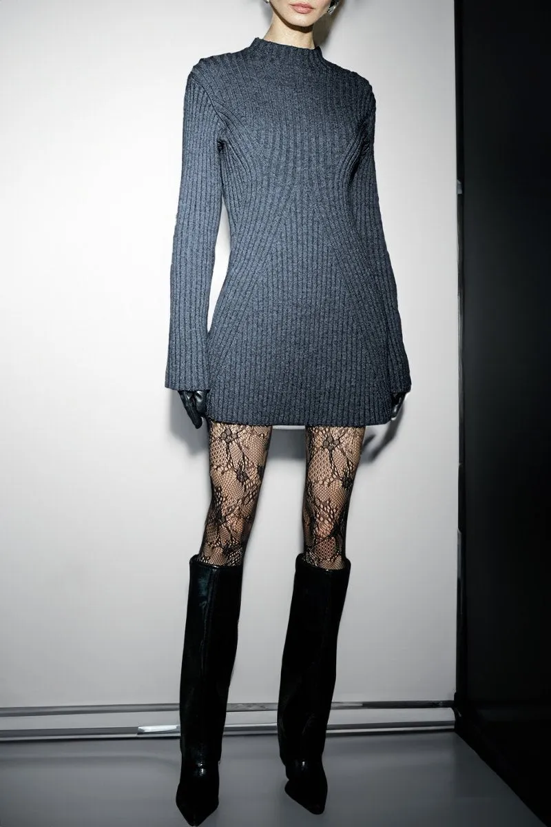 Versatile Knit Crew Neck Cuff Slit Rib Long Sleeve Slim Sweater Dress
