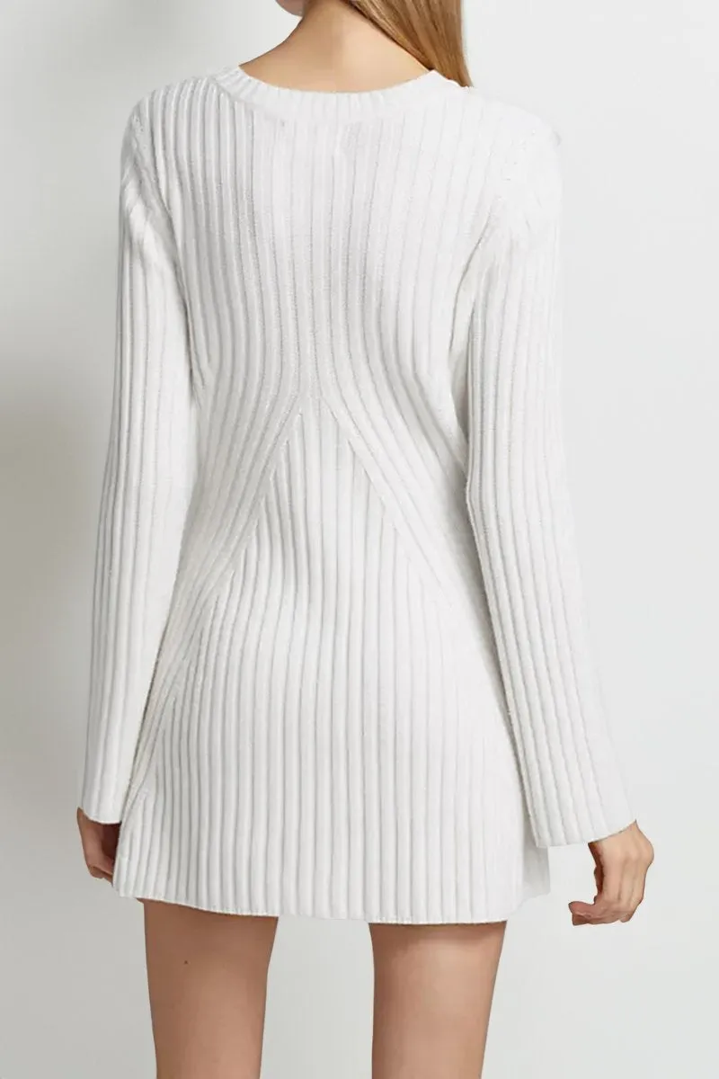 Versatile Knit Crew Neck Cuff Slit Rib Long Sleeve Slim Sweater Dress