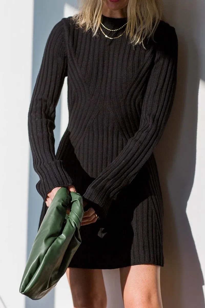 Versatile Knit Crew Neck Cuff Slit Rib Long Sleeve Slim Sweater Dress