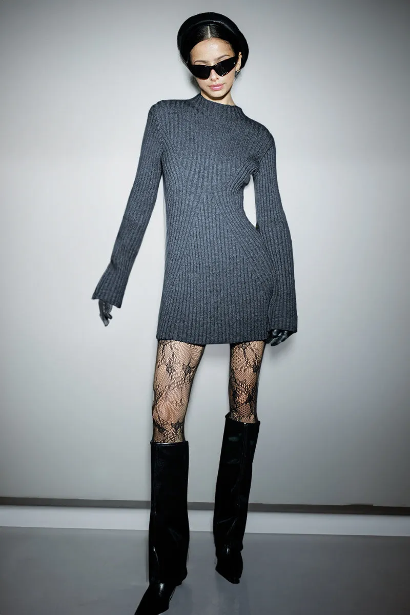 Versatile Knit Crew Neck Cuff Slit Rib Long Sleeve Slim Sweater Dress