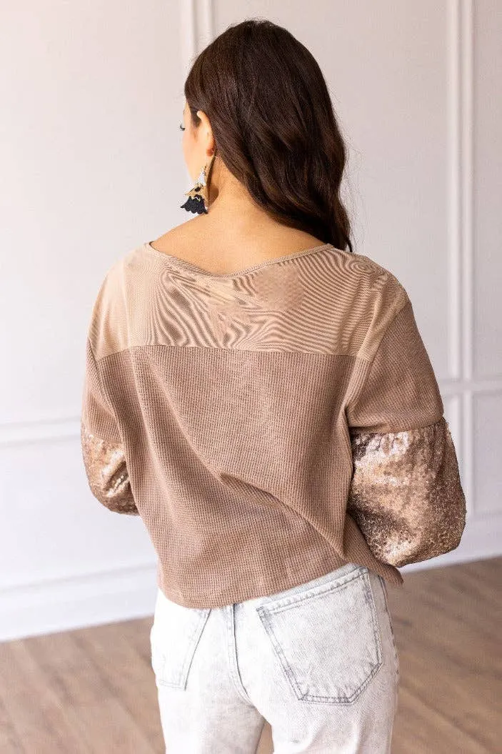 Waffle Knit Top with Mesh and Sequin Details