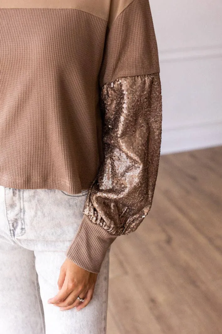 Waffle Knit Top with Mesh and Sequin Details