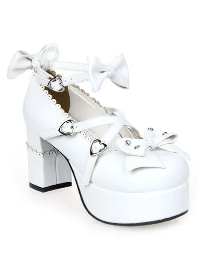 White Chunky Heels Lolita Shoes Square Heels Ankle Strap Bows Heart Shape Buckles
