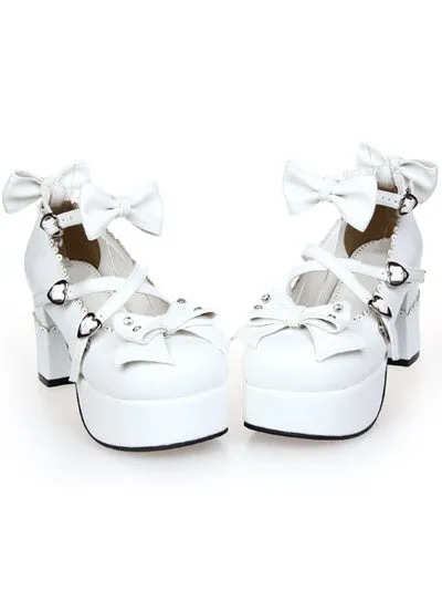 White Chunky Heels Lolita Shoes Square Heels Ankle Strap Bows Heart Shape Buckles