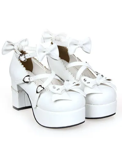 White Chunky Heels Lolita Shoes Square Heels Ankle Strap Bows Heart Shape Buckles