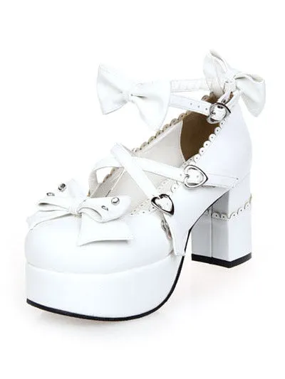 White Chunky Heels Lolita Shoes Square Heels Ankle Strap Bows Heart Shape Buckles