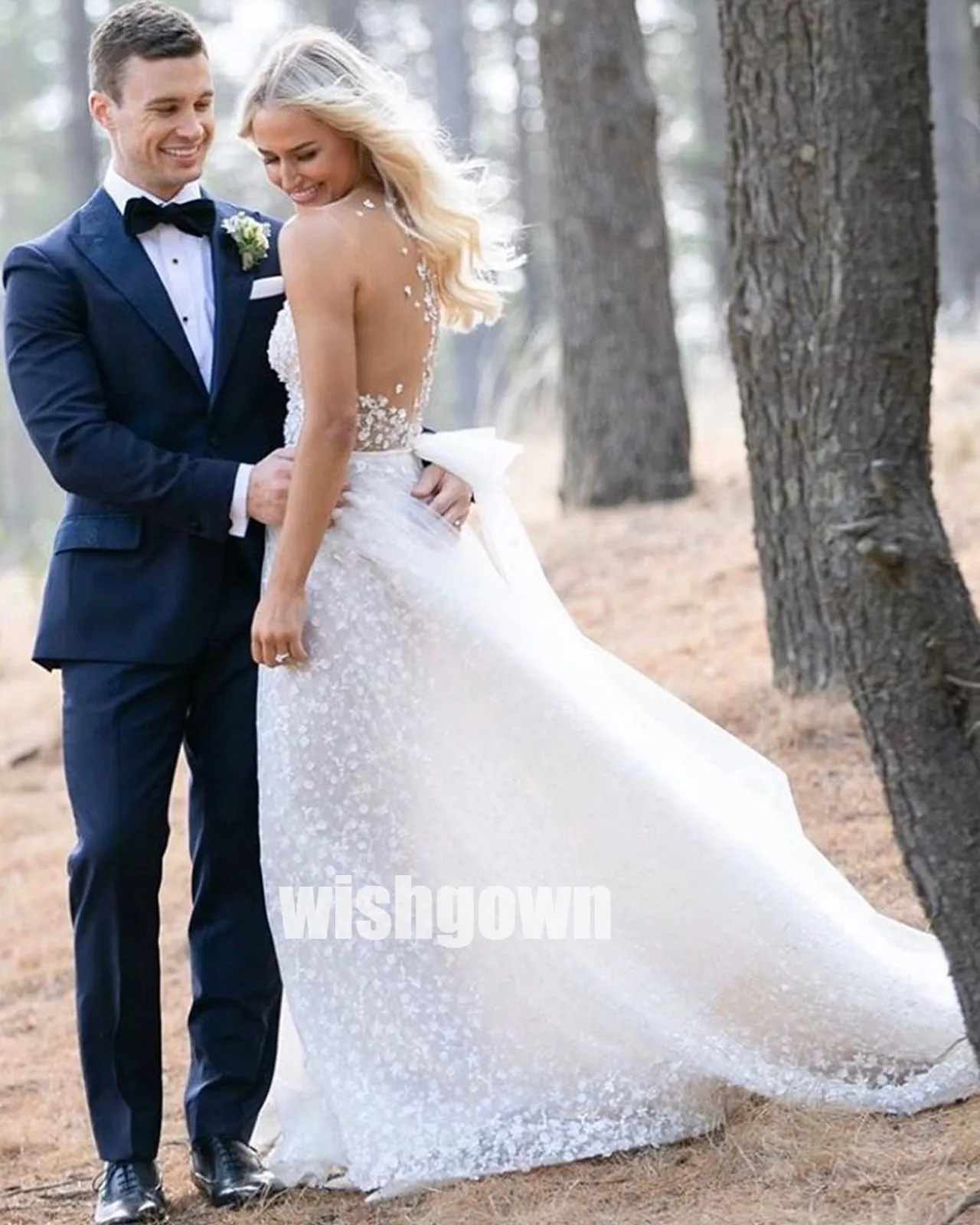 White Floral V-neck Applique Open Back Long Wedding Dresses, BGH026