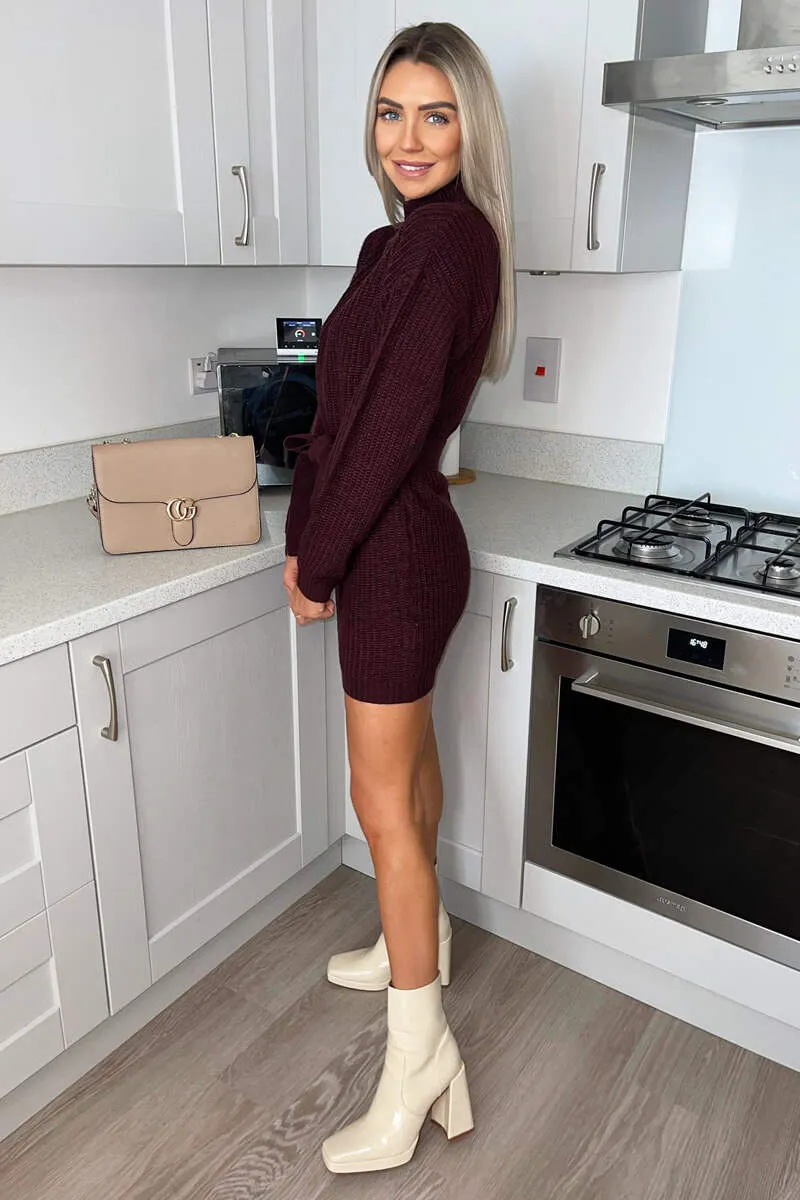 Wine High Neck Belted Knitted Jumper Dress