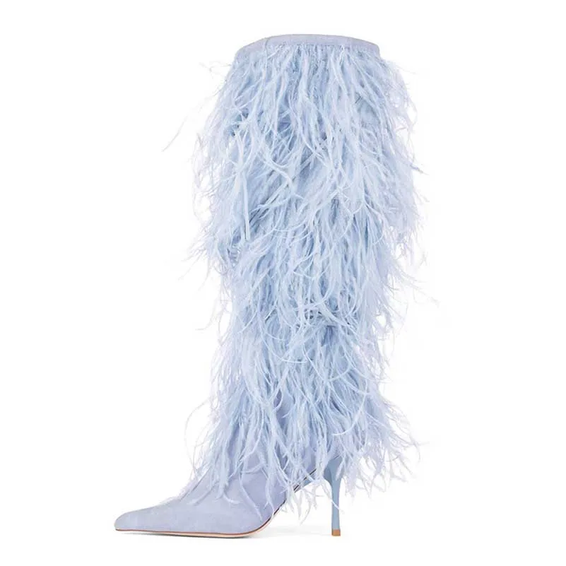 Women's Feather Detail Stiletto Heel Knee Length Boots