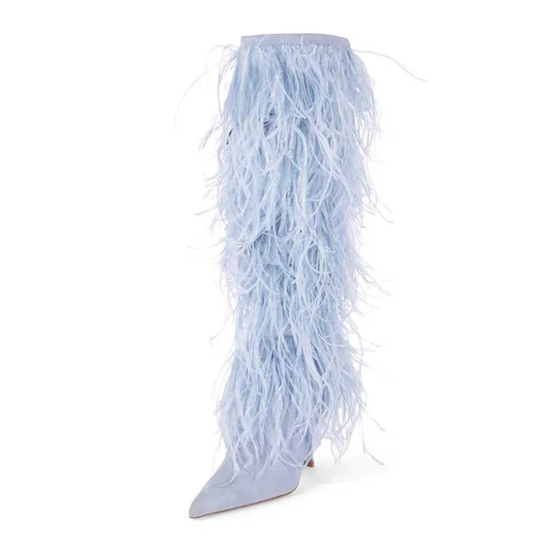 Women's Feather Detail Stiletto Heel Knee Length Boots