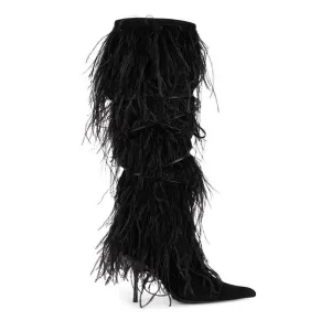 Women's Feather Detail Stiletto Heel Knee Length Boots