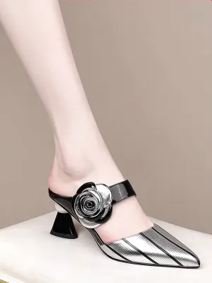 Women's Floral Print Color Block Pointed Toe Chunky Heel Mule Slippers, Silver Striped Backless Chunky Heel Pearl Decor Sandals For Summer