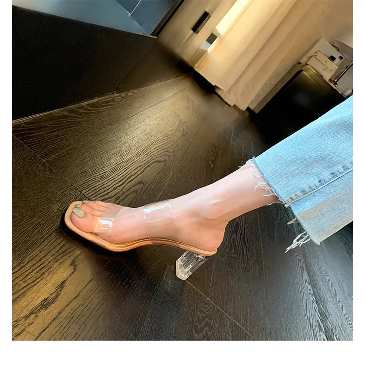 Women's Summer Slippers Transparent Chunky Heel High Heel Sandals