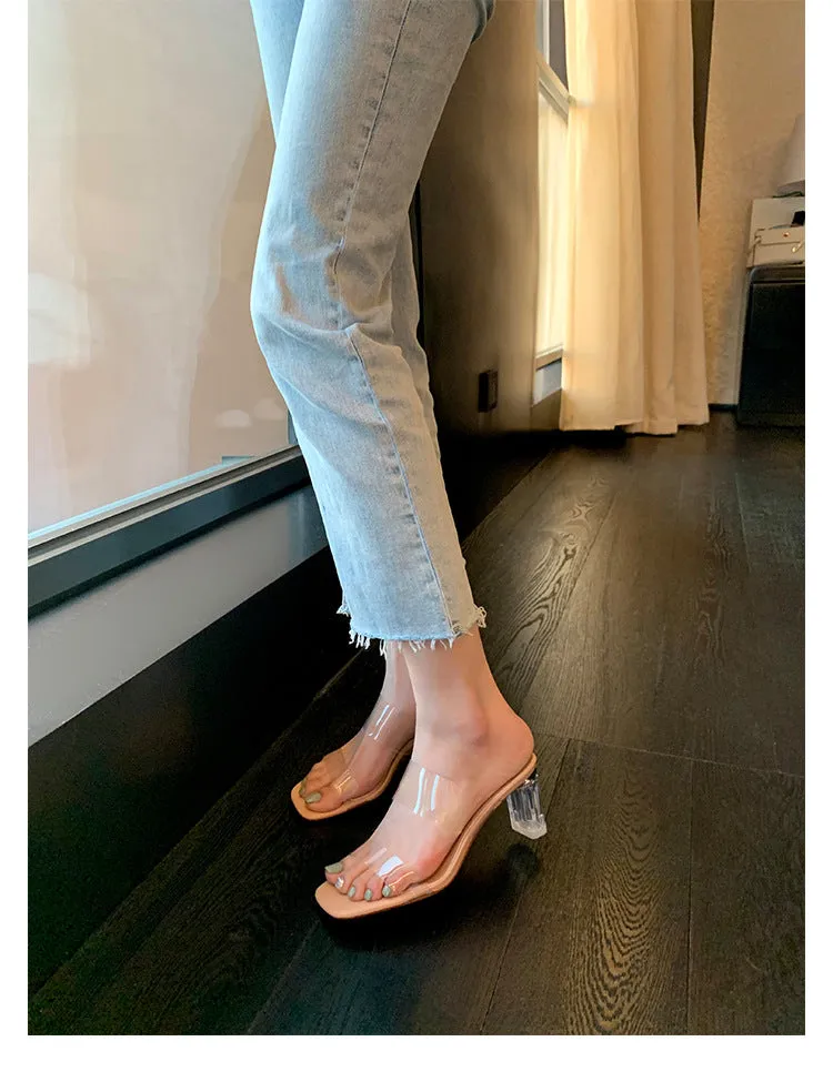 Women's Summer Slippers Transparent Chunky Heel High Heel Sandals