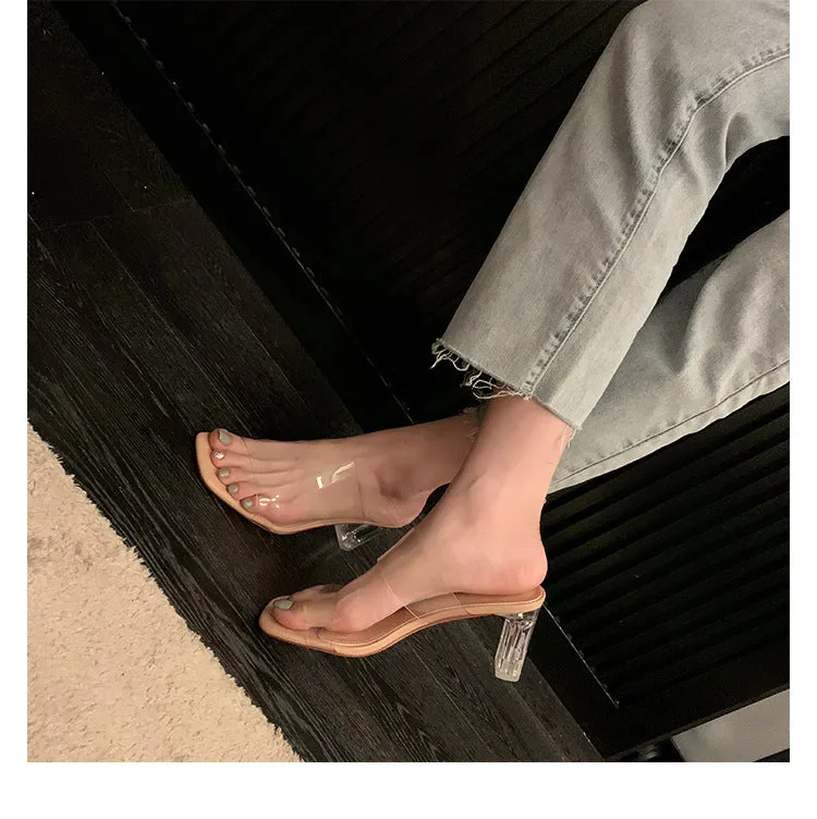 Women's Summer Slippers Transparent Chunky Heel High Heel Sandals