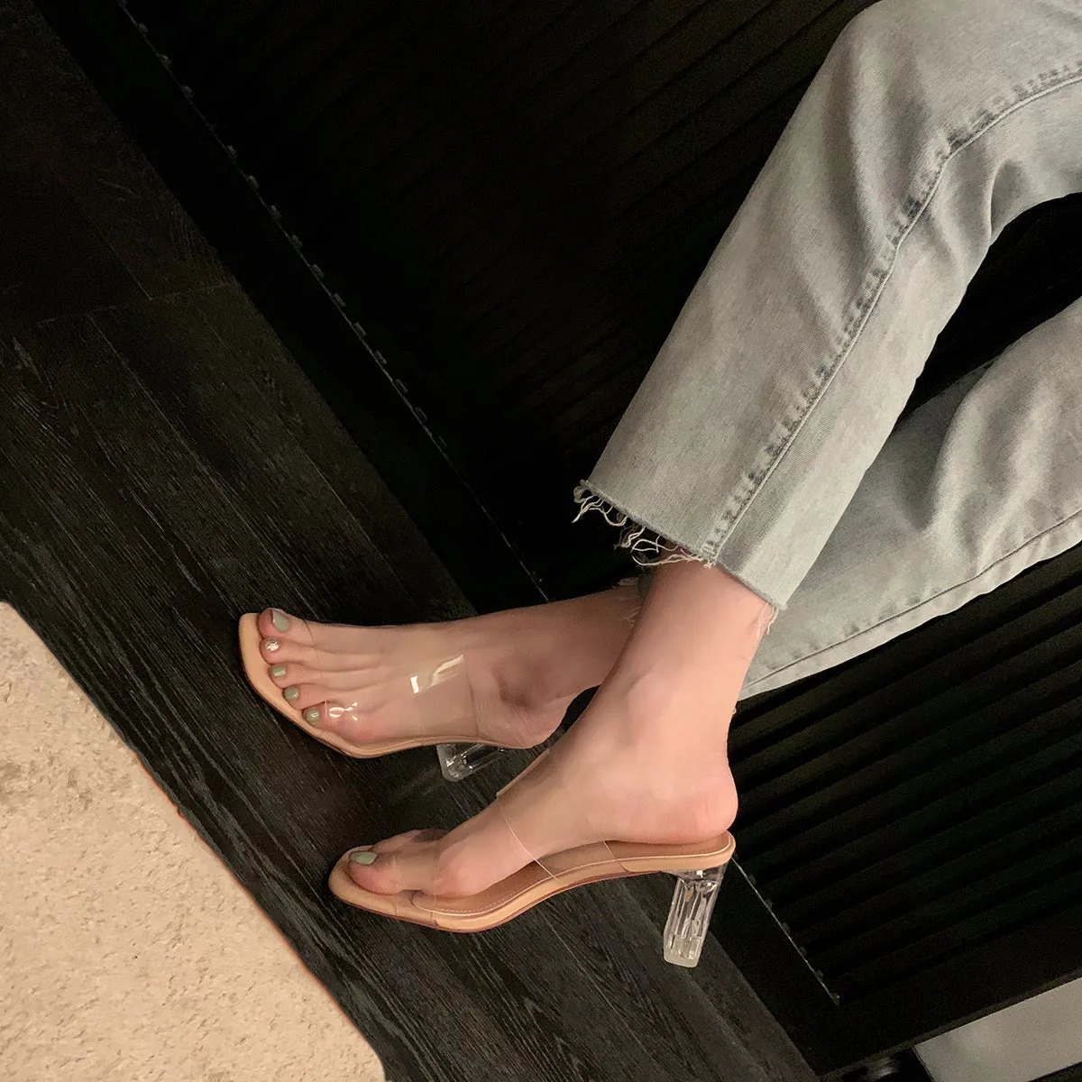 Women's Summer Slippers Transparent Chunky Heel High Heel Sandals