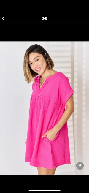 Zenana Gauze Rolled Short Sleeve Raw Trim Dress